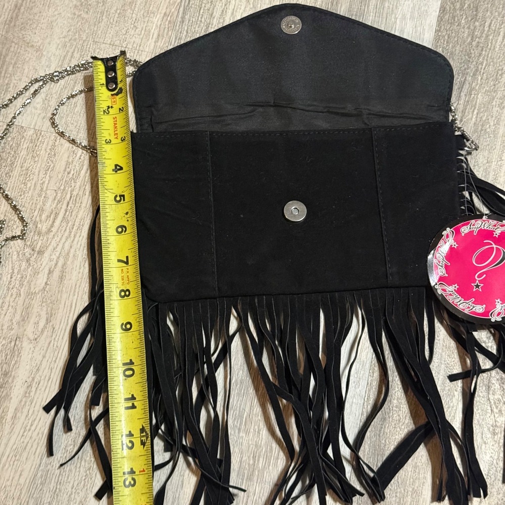 Y2K‎ retro Say What Black Suede Fringe Crossbody Bag Silver Chain Evening - Picture 4 of 8